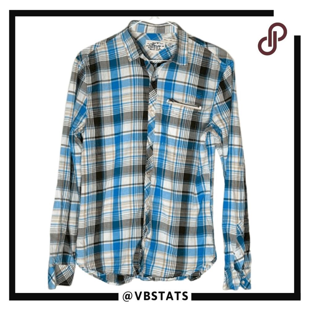 Diesel Men's‎ Plaid Flannel Long Sleeve Button Down Shirt Blue Gray Size Medium